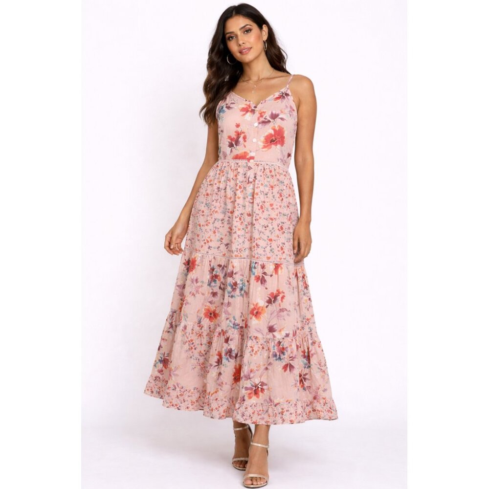 AS U WISH peach BoHo Floral Button-Front Midi Dress 🌸✨ Adjustable Straps | XS